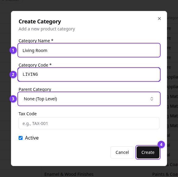 Create Category කවුළුව