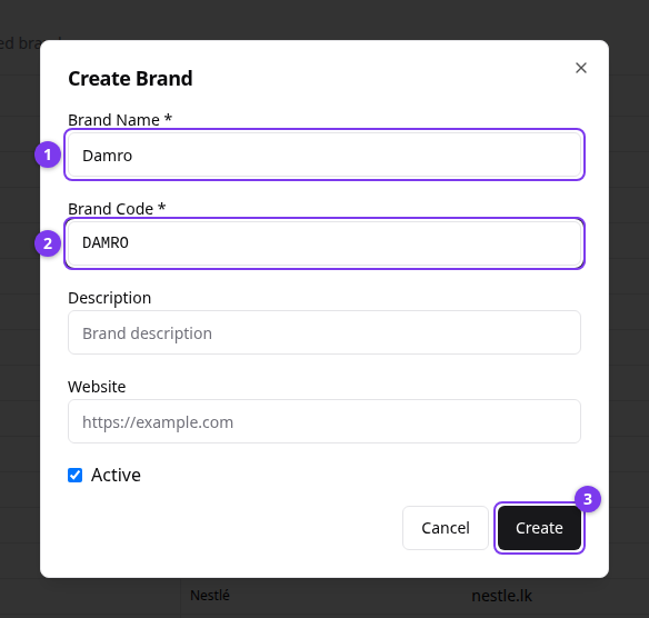 Create Brand කවුළුව